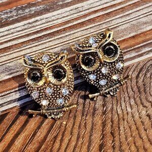 Bronze Metal Crystal Studs Thinking Owl Earrings Clear